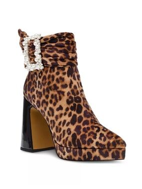 BETSEY JOHNSON Leopard Print Pearl-Buckle Platform Ankle Boots - Brown